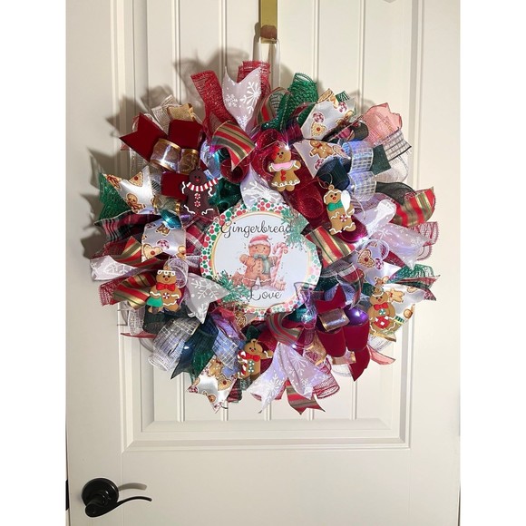 Handmade Gingerbread Love Christmas Holiday Ribbon Door Wreath 22 ins W56 - Picture 13 of 13